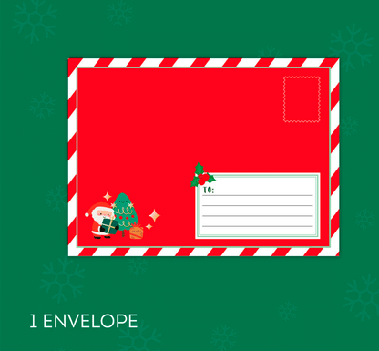 Kit para Escribir la Carta a Papá Noel Dear Santa de Legami. Escribe todo lo que deseas encontrar bajo el árbol en las 3 cartas en blanco, mételas en el sobre temático, añade la postal para darle las gracias a Papá Noel y decóralo todo con las pegatinas  set de Legami sobre rojo