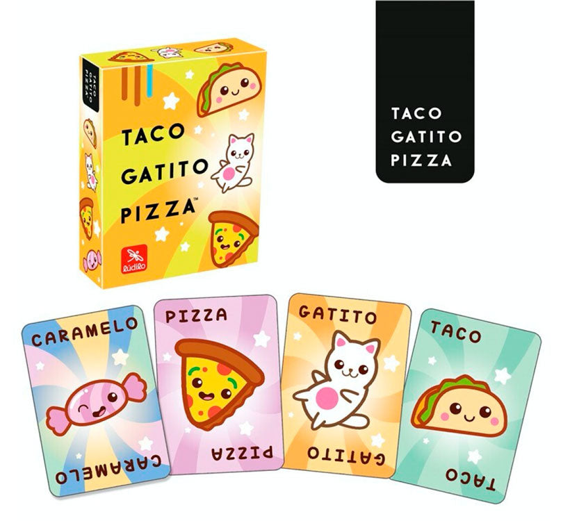  Taco, Gatito, Pizza es un juego de cartas para niños con el que podrás conocer a estos 3 amigos tan monos. luidlo con caja y cartas