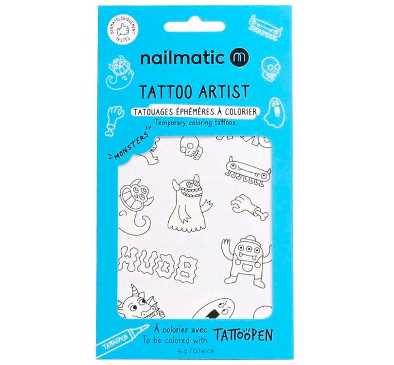 TATUAJES PARA COLOREAS ¡Añade magia a la piel! Colorea tus propios tatuajes y diviértete con los rotuladores Tattoopen. ¡Es el mejor modo de llevar tu Monstruo contigo a todas partes! nailmatic blister