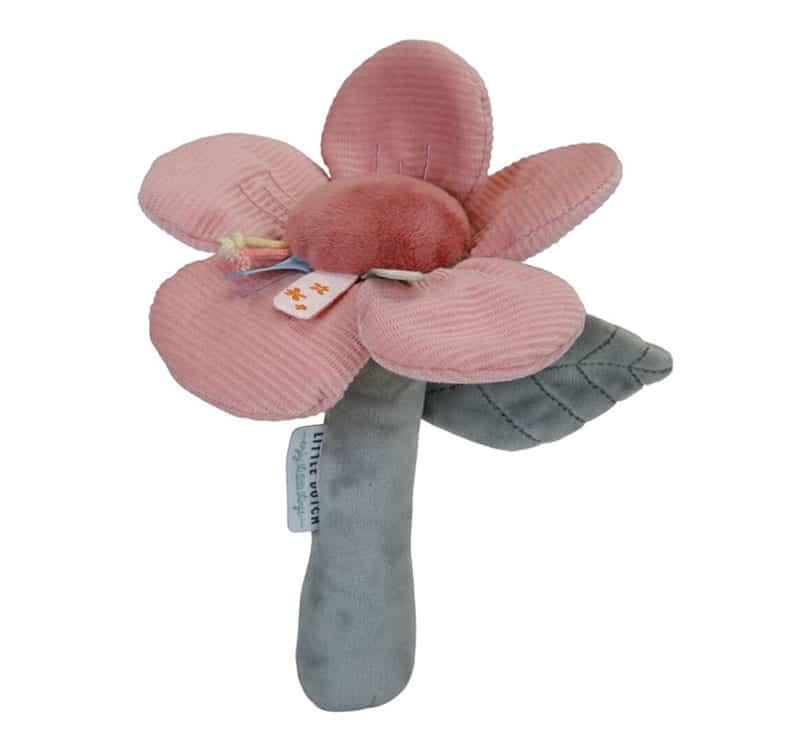sonajero de juguete blandito de Little Dutch con el tallo en color menta y las hojas de la flor en color rosa encarnado
